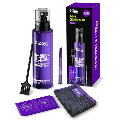 Gizga Pro Series 5-in-1 Cleaning KIT - 250ml Cleaning Spray, 10 Wet Wipes, 2 Brushes, Microfiber Cloth | Screen Cleaner for Laptop, PC, Binocular, TV, Camera Lens, Smartphone, Tablet, Keyboard