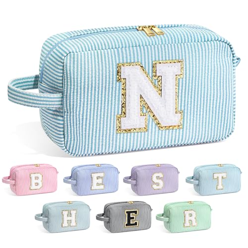 Image of YOOLIFE Personalized Gifts for Mom - Initial Makeup Bag Cosmetic Bag Toiletry Pouch, Personalized Birthday Gifts for Mom Grandmother Stepmother, Mother In Law Gifts, Mothers Day Gifts, Light Blue N
