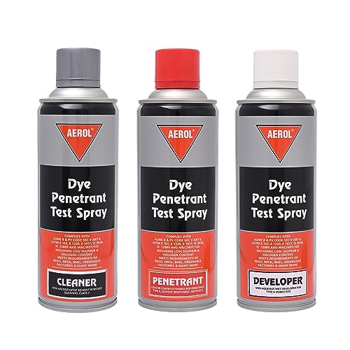 Image of Aerol Dye Penetrant Test (DPT) Spray Kit - 3 Cans Set (Red Dye Penetrant, Developer & Cleaner Sprays 400ml Each) for Liquid Penetrant Inspection