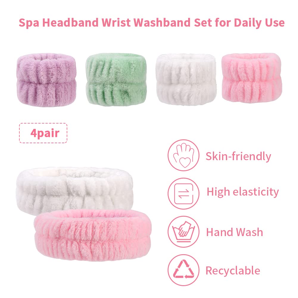 12 Pieces Spa Headband Wrist Washband Set, 4 Soft Flannel Facial Headband Elastic Hairband and 8 Wrist Washband, Face Wash Set for Washing Face Shower Yoga Makeup (Green, Purple, White, Pink)