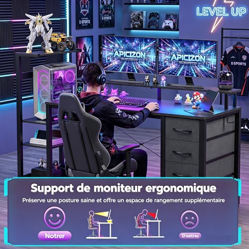 Bureau PC gamer noir APICIZON avec support casque et prises intégrées - 7