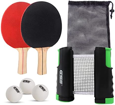 GSE Ping Pong Paddle Set, Portable Table Tennis Set with Retractable Ping Pong Net & Post, 2 Paddles & 3 Ping Pong Balls, Anywhere to-Go Ping Pong Game Set for Any Tables (Black)