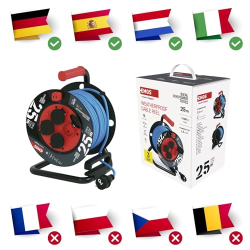 Carrete de cable de 25m EMOS de 1,5 mm2 impermeable con 4 enchufes Schuko IP44 4
