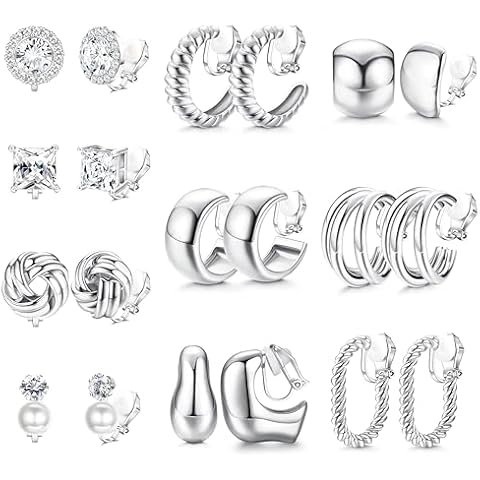 FIBO STEEL 10 Pairs Clip On Earrings for Women Non Pierced Ears CZ Pearl Knot Twist Chunky Hoop and Studs Earring Set Ear Clips Jewelry Silver Plated Cover
