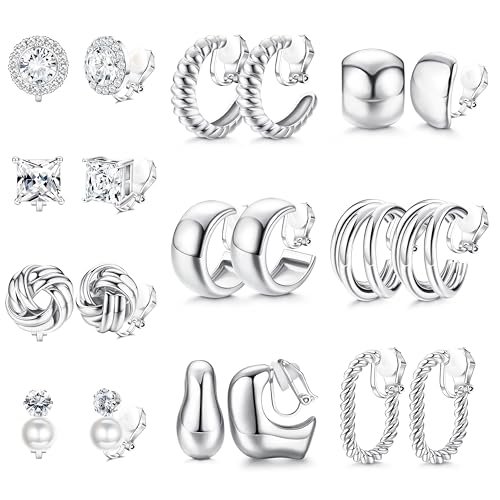 FIBO STEEL 10 Pairs Clip On Earrings for Women Non Pierced Ears CZ Pearl Knot Twist Chunky Hoop and Studs Earring Set Ear Clips Jewelry Silver Tone
