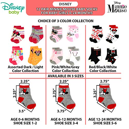 Disney Baby Girl Socks - 12 Pack Minnie Mouse, Daisy Duck, Princess Socks for Infants - Newborn Essentials for Girls (0-24M), Size 12-24 Months, Minnie Mouse Black/Red - Thumbnail 7