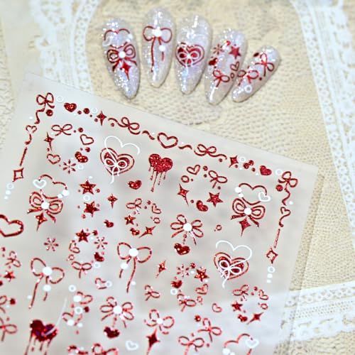 Image of 5D Embossed Valentines Nail Stickers Red Nail Art Stickers Heart Bow Glitter Shiny Design Nails Decals Self Adhesive for Women Manicure DIY Decoration Nails Art Supplies