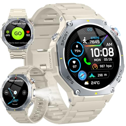 Military Smart Watch for Men Answer/Make Calls, 1.43 AMOLED Smart Watch with GPS/Torch/Compass/Altitude/Heart Rate/Health Monitor/Blood Oxygen, 5ATM Waterproof, 160+ Sports Smartwatch for iOS Android