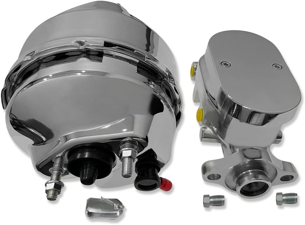 Universal Bendix Style 8" Dual Diaphragm Power Brake Booster and 1" Bore Master Cylinder Smooth Top with 3/8" 4 Ports Chrome