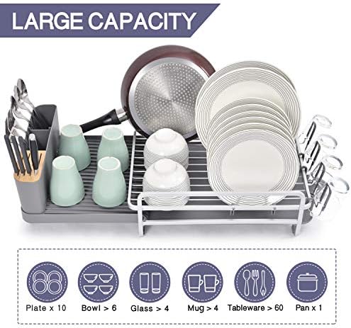 KINGRACK Dish Drainer, Aluminum Steel Dish Drying Rack, Expandable Kitchen Dish Drainer Rack, Large Capacity Dish Rack with 360 Swivel Spout, Grey
