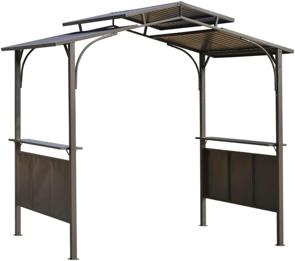 8'x5' BBQ Grill Gazebo with 2 Side Shelves, Outdoor Tiered Interlaced Roof with Steel Frame, Brown