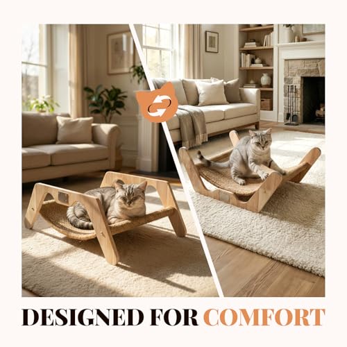 ORDORA 2-in-1 Cat Scratcher Bed, Elevated Wooden Cats Scratch Pad with Plush Mat & Sisal Cat Scratcher for Indoor Cats, Lounger Furniture for Sleeping & Scratching, 23.6\"×17.7\"