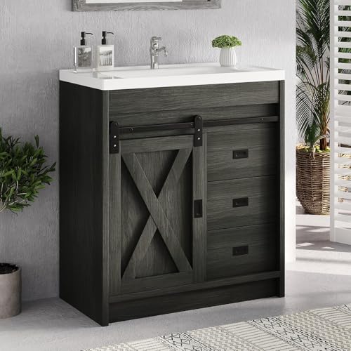 4ever2buy 30" Farmhouse Bathroom Vanity with Sink, Small Grey Bathroom