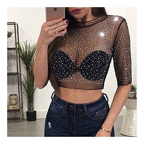 Algodón S-XL transparente del taladro caliente de cultivos camiseta de manga corta de las mujeres de la camiseta de malla transparente Crop Tops camisa femenina de la blusa T Top Mujeres con cordón