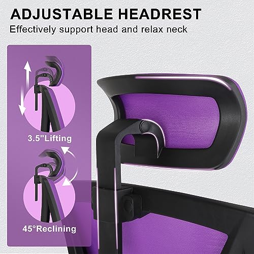 Misolant Ergonomic Office Chair with Footrest, Purple Desk Chair with Adjustable 2D Lumbar Support, High Back Mesh Ergonomic Computer Chairs with Adjustable Headrest for Home