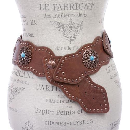 Women's 3" (75mm) Wide Boho Link Turquoise Silver Studded Leather Belt3