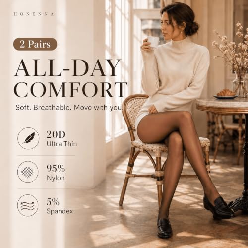 Image of HONENNA Sheer Tights for Women 2 Pairs Ultra Thin Reinforced T Crotch Control Top Pantyhose Stockings