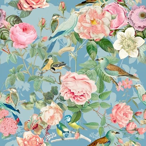 VEELIKE Watercolor Finches Bird Wallpaper Blue Floral Peel and Stick Wallpaper for Bedroom Bathroom 17.7''x118'' Removable Self Adhesive Botanical Wall Paper Blue Contact Paper for Cabinets Drawers