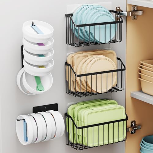 NiHome 5PCS Cabinet Door Lid Organizers Holders for Food Storage Container Lids Tupperware Tumblers Canning Lids, 3 Sizes Rustproof Metal Baskets for Spices, Toiletries, Under Sink or RV Storage