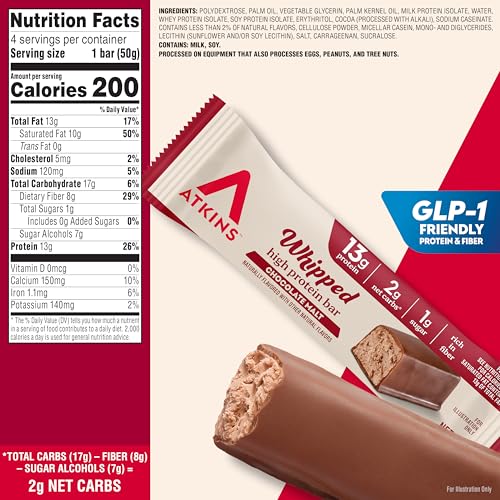 Image of Atkins Whipped Bars, Chocolate Malt Flavored, 13g Protein, 24 Count | 13g Protein, 2g Net Carbs, 1g Sugar, Rich in Fiber, Light and Airy Texture, Individually Wrapped 1.76oz Bars