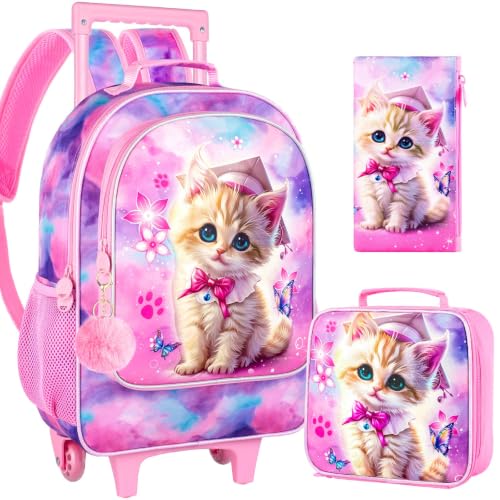 AGSDON 3PCS Rolling Backpack for Girls, Kids Roller Wheels Bookbag, Wheeled Elementary School Bag with Lunch Bag - Cat