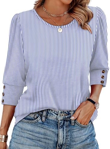 Tops for Teachers Plus Size Fall Outfits for Women 2025 Dressy Casual Tops Women Blouses 3/4 Length Sleeves Tshirts Shirts White Blue Striped L