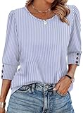 Tops for Teachers Plus Size Fall Outfits for Women 2026 Dressy Casual Tops Women Blouses 3/4 Length Sleeves Tshirts Shirts White Blue Striped L