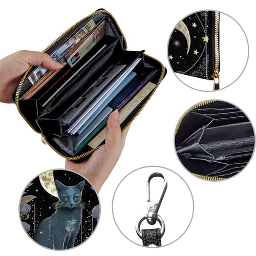 Image of Women's Wallets,Credit Card Holder Money Leather Long Wallet with Wristlet,Large Capacity with Zip-Around Phone Purse for Women Ladies Girls,Purple Flower&Cat