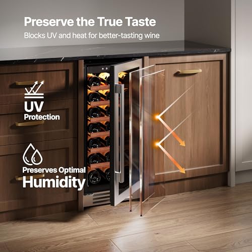 Image of Ca'Lefort 15 Inch Wine Fridge, 33 Bottles Under Counter Wine Cooler | 40-65F Touch Control, Dual-Pane Glass Door, Adjustable Shelves, 3 Color LED, Built-In or Under Counter for Home Bar Kitchen