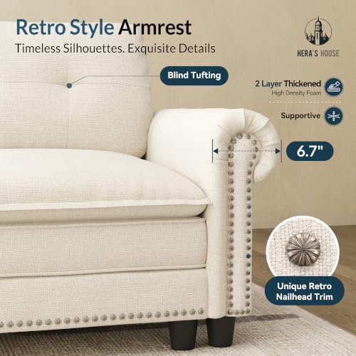 Image of HERA'S HOUSE 73.2 inch Modular Loveseat Cloud Couch Deep Seats & Rolled Arms | Mid-Century Modern 2-Seater Loveseat, Beige, Nailhead Trim, Wider & Deeper Seats, Soft Linen Sofa for Living Room Bedroom