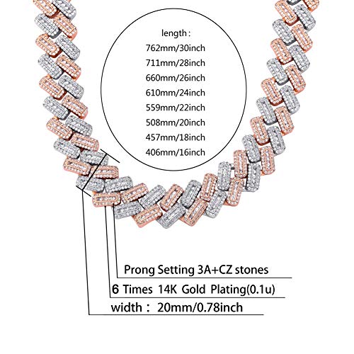 Jinao 20Mm 6 Times 14K Gold Plated Cuban Link Chain Iced Out Bling Round Carre Baguette Cut Cz With Prong Setting Simulated Diamond Chain Necklace For Men (Rose Gold&White Gold, 18) #TOP2