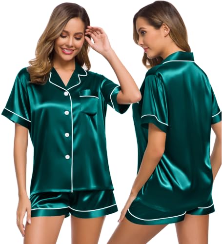 Image of SWOMOG Womens Silk Satin Pajamas Set Short Sleeve Sleepwear Button Down Top and Shorts Loungewear 2 Piece Pjs Set XS-3XL