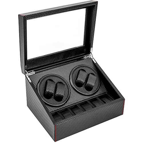 Automatische Uhrenbeweger Box, 4 + 6 Luxuriöser Uhrenbeweger Geräuscharm Abnehmbares Automatikuhren Watch Winder Box mit Klare Fenster für Uhrenshop Sammler Geschenk, Karbonfaser Cover