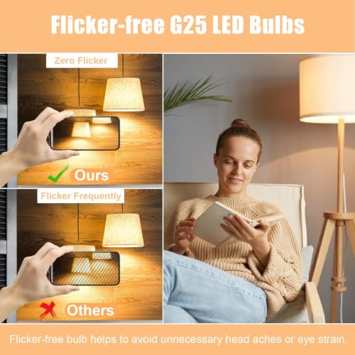 Image of 20 Pack G25 LED Vanity Barthroom Light Bulb 60W Equivalent 2700K Warm White | E26 LED Light Bulbs, CRI85+ Eye-Friendly, Type G Round Light Bulb for Makeup Mirror, 120V, 5W, 500LM No-flicker, Non-Dimmable