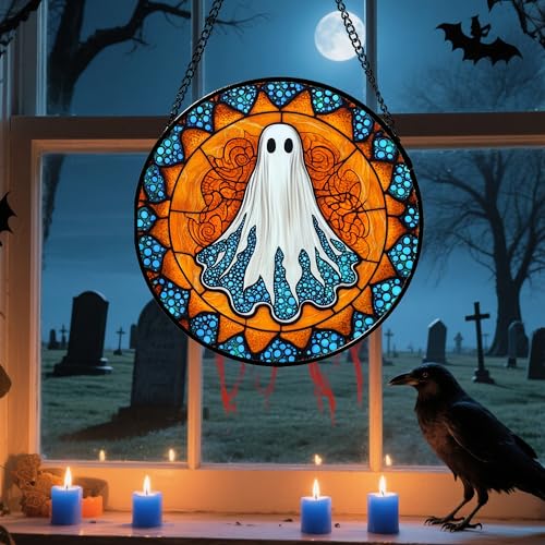 Image of Stained Glass Window Hanging - Halloween Decorations White Ghost Suncatcher for Doors Garden Indoor Spooky Funny Blue Sun Catchers Gothic Decor Horror Gifts for Women Men Friend 11.8 in
