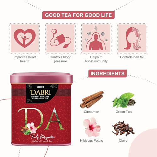 Image of Dabri Hibiscus Green Tea 80gm Combo (Pack of 2 x 40gm Each Tin Box) Premium Loose Leaf Blend with Cinnamon,Clove & Green Tea|Pure Natural Hibiscus tea leaves & Spices|Manage Weight, Hair Regrowth