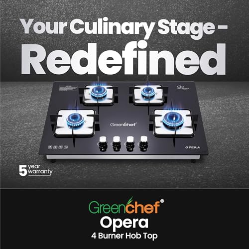 Image of Greenchef Opera Hob top Four burner gas stove - Auto Ignition, Toughened Glass, LPG Compatible, Sleek and compact design