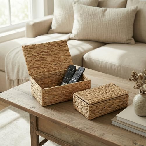 Decorative Storage Boxes with Lids - Set of 2 Wicker Organizer Shelf Bins - Image 2