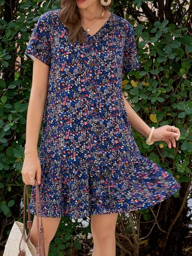 Image of Imysty Womens Polka Dot V Neck Button Down Ruffles Loose Mini Short T-Shirt Dress
