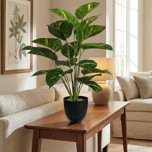 Image of Dekorly Artificial Palm Tree - Large Fake Tropical Floor Plant, Realistic Plastic Greenery for Indoor Home, Office, Living Room & Corner Decor (Dieffenbachia with Green&Yellow Leaves)