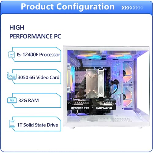 Desktop Computers, Core i5-12400F, Gaming PC, GeForce RTX 3050 6G, 32G RAM, 1TB NVMe SSD, Pre Built Tower Computer Gamer, Work, Home and Business WiFI6 White