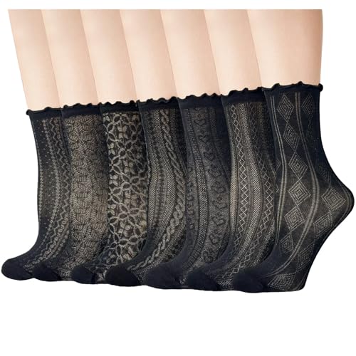 Cityelf 7 Pack Women's Black Ruffle Socks Mesh Lace Cotton Casual Crew Ultra Thin Frilly Ankle Socks