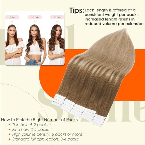 Image of Full Shine 16Inch Tape in Hair Extensions Seamless Straight Tape in Extensions Ombre Human Hair Extensions 50G 20Pcs Color 10 Golden Brown to 14 Dark Blonde Real Remy Human Hair Extension for Wedding