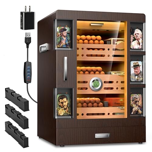 XIFEI Cigar Humidor Cabinet with 5 Acrylic Display Cases, Adjustable LED Lighting, Cedar Wood Shelves & Drawer, Digital Hygrometer, 3 Humidifiers, 100-150 Capacity Desktop Cigar Humidor for Gifts