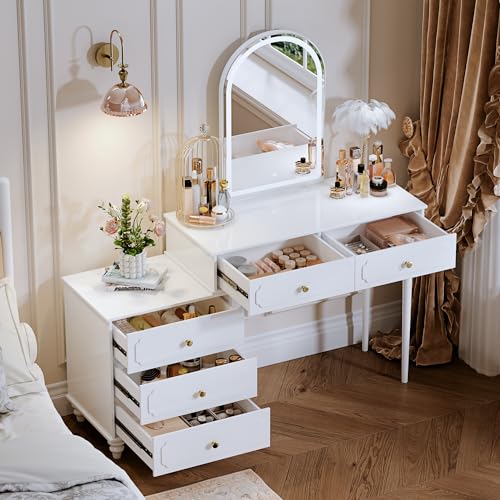 White Vanity Desk with 3 Color Touch Screen Dimming Mirror, Modern Retractable Makeup Dressing Table with Power Strip,Adjustable Cabinet and 5 Sliding Drawers,Vanity Table Set,Writing Desk Bedroom - Image 3