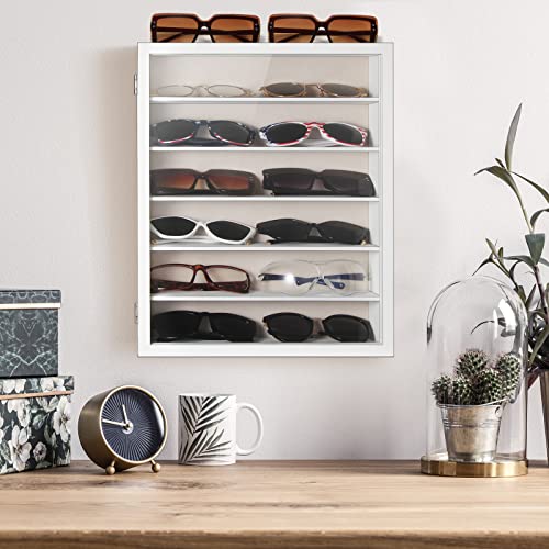 TJ.MOREE Organizador de gafas de sol de almacenamiento montado en la pared: 13 x 15.6 pulgadas Vitrina de gafas de madera rústica Soporte para gafas Caja de almacenamiento grande para gafas, color - imagen 4