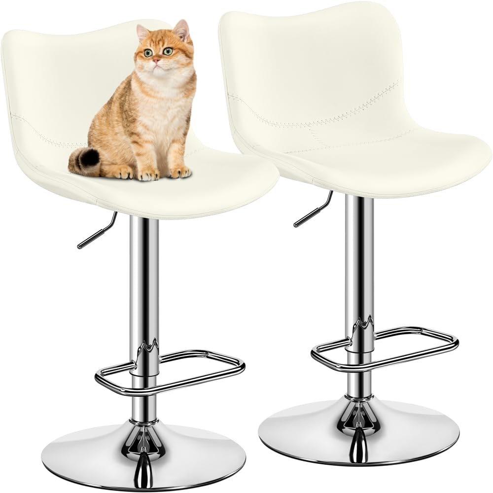 Yaheetech Juego de 2 Taburetes de Bar de Polipiel sin Reposabrazos Sillas Giratorias con Respaldo Reposapiés Altura Ajustable Blanco