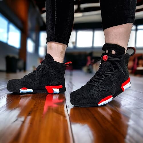 Custom Air Sneakers 6 Black Infrared Crochet Sneakers Slippers - Handmade Basketball Sneaker Style Knitted Booties, Personalized Funny Lightweight Cozy Shoes, Streetwear Hip Hop Style Comfort Shoes2