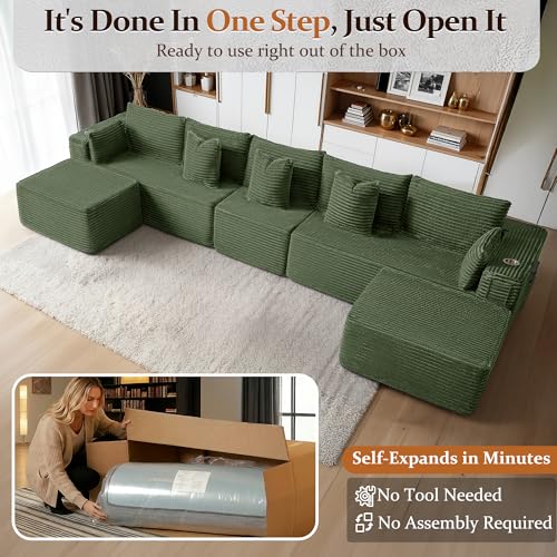Image of 168 inch Cloud Sectional Couch, Comfort U Shaped Sofa for Living Room, Extra Deep Seats No Assembly, Minimalist Modular Couch, Corduroy (Olive Green, 7 Seats,U-Shape A)