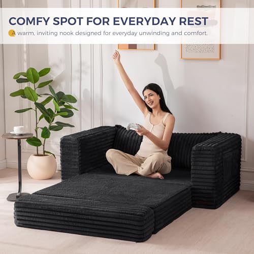 Image of MAXYOYO Convertible Sofa Bed, 2 in 1 Folding Couch Bed for Small Space, Pull Out Loveseat Sofa Couch with Large Back Pillow, Plush Faux Fabric Lounge Couch for Living Room, Apartment, Black